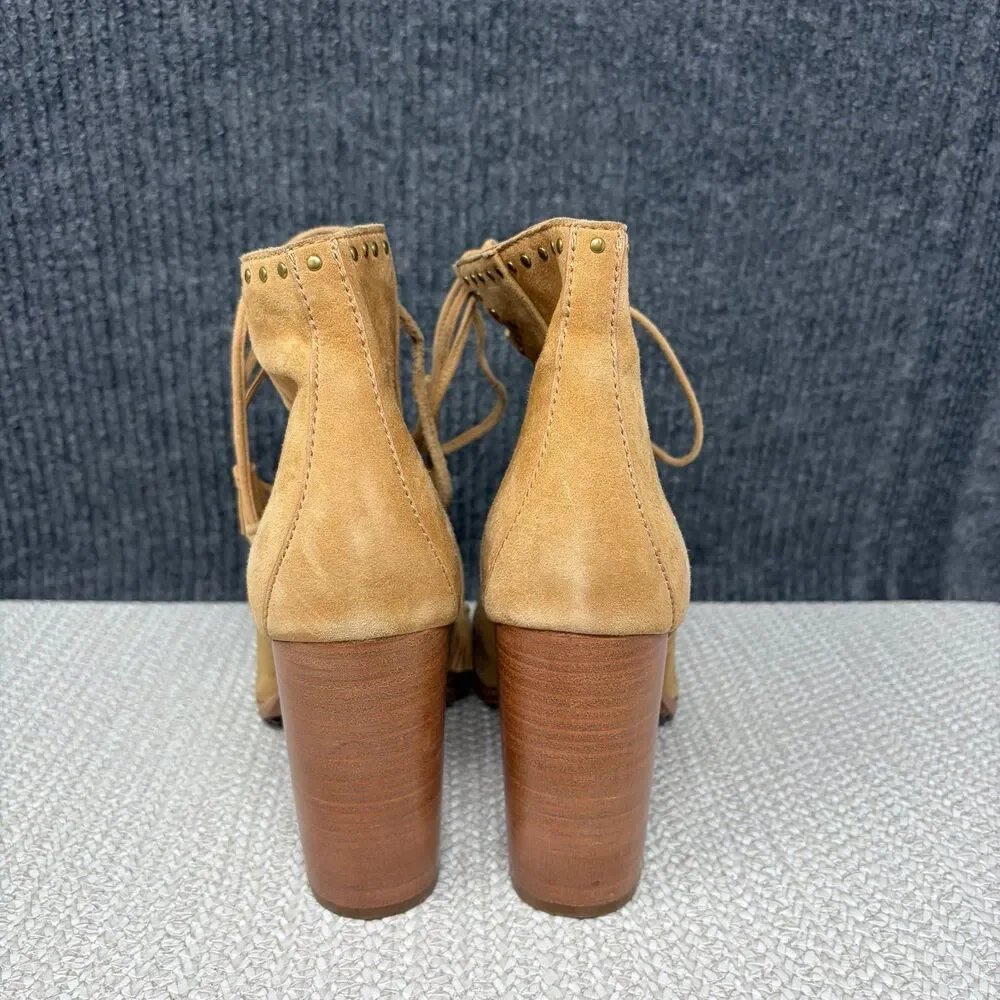 Frye Gabby Ghillie Studded Shooties Brown Suede Heeled Boots Lace Peep Toe 10